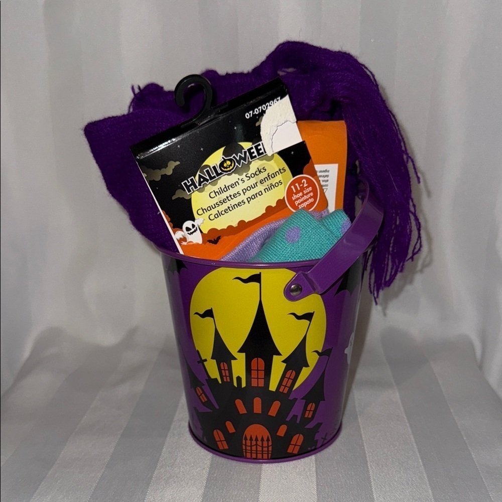 Halloween Lot - Purple Bat Scarf with Lights, Tin Bucket, Socks for Kids